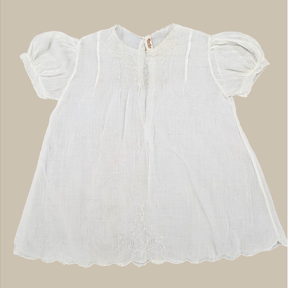 Vintage Hand Made White Cotton Baby Dress 6 Months Embroidered Puff‎ Sleeve